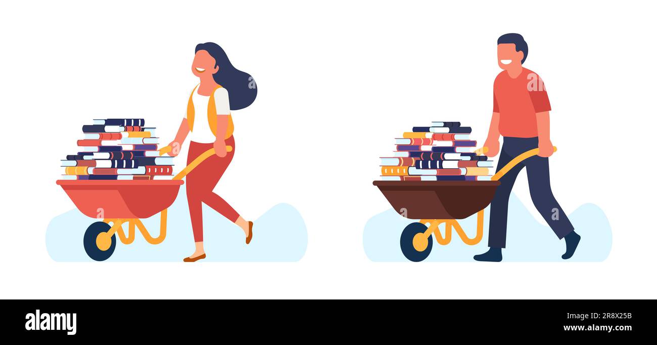 Gaining knowledge. Young guy and girl driving wheelbarrow full of books