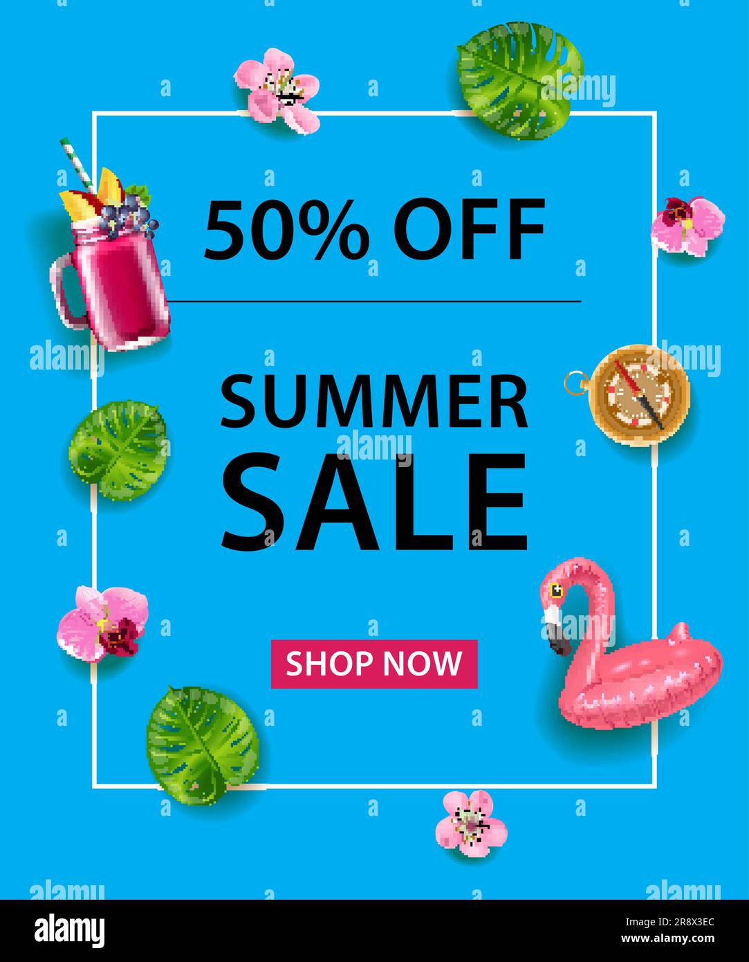 Fifty Percent Off poster. Flamingo swim tube, cocktail Stock Vector