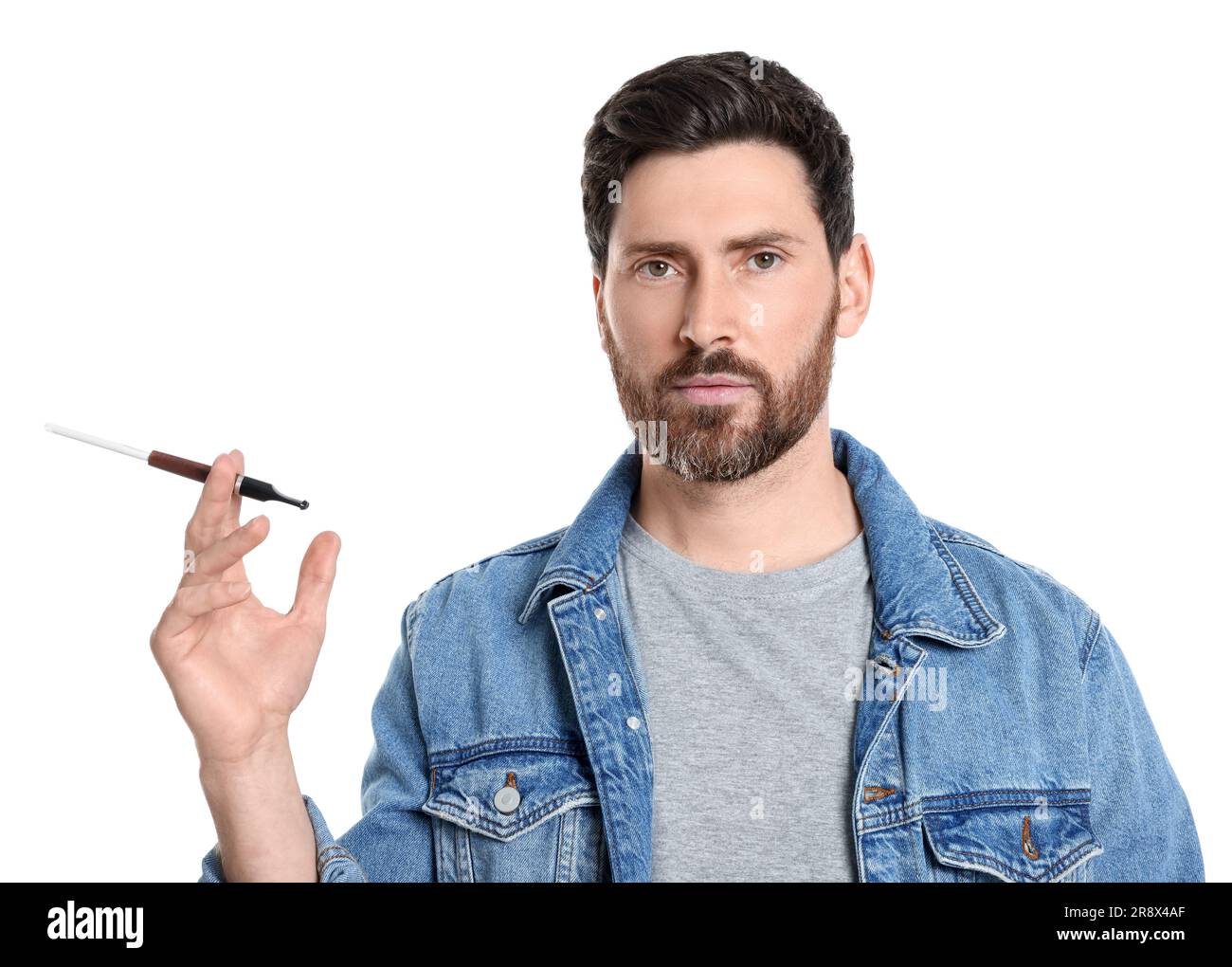 Man using cigarette holder for smoking isolated on white Stock Photo ...