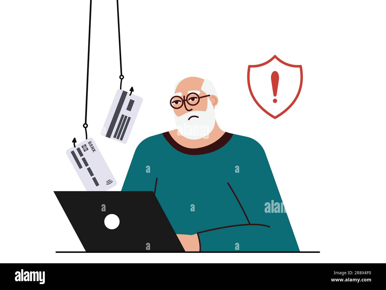 A frustrated and sad man looks into a computer in which a hacker and thief steals his card data and social networks. hack attack. internet phishing. A Stock Vector