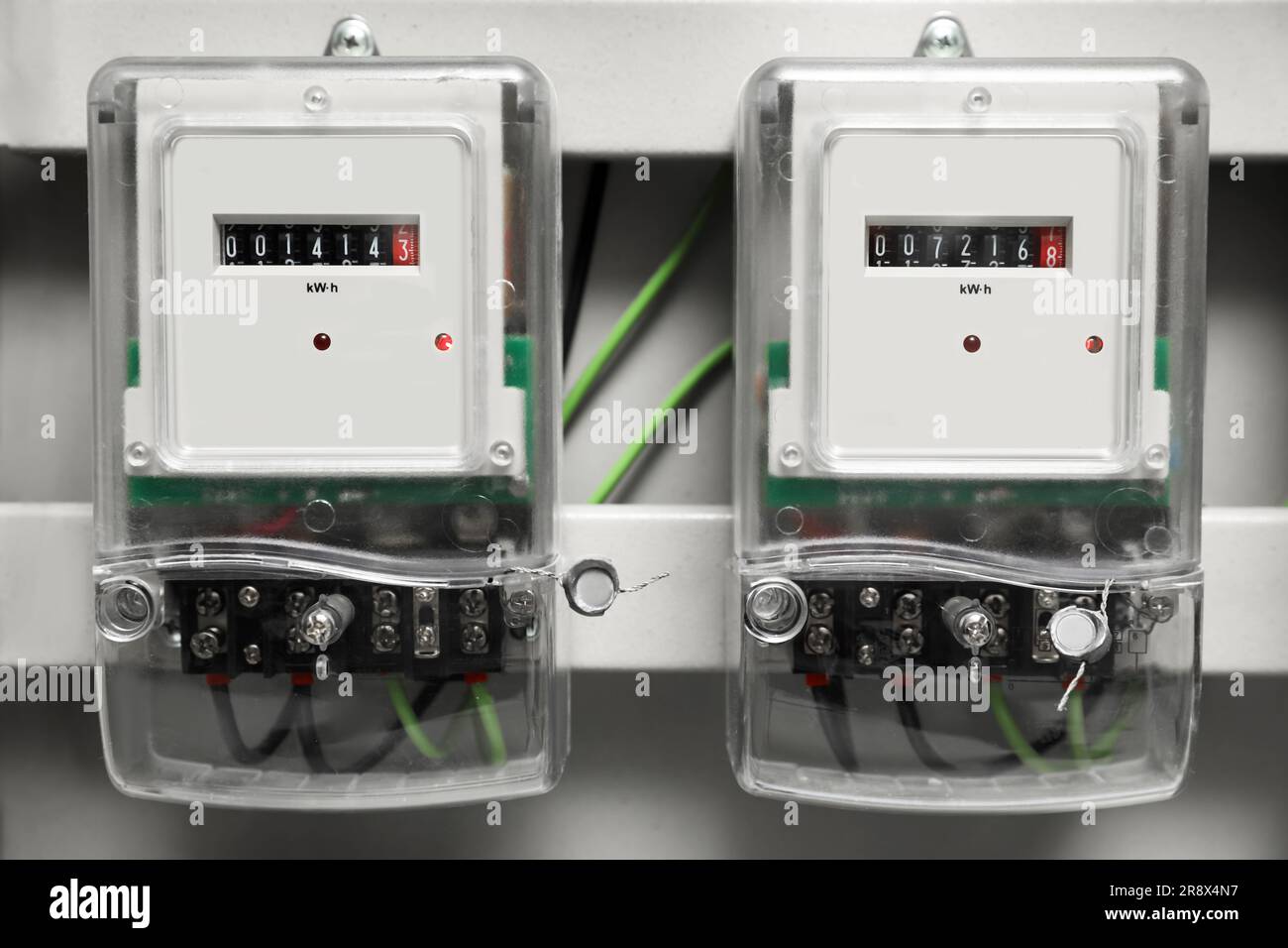 Electric meters and wires in fuse box Stock Photo Alamy