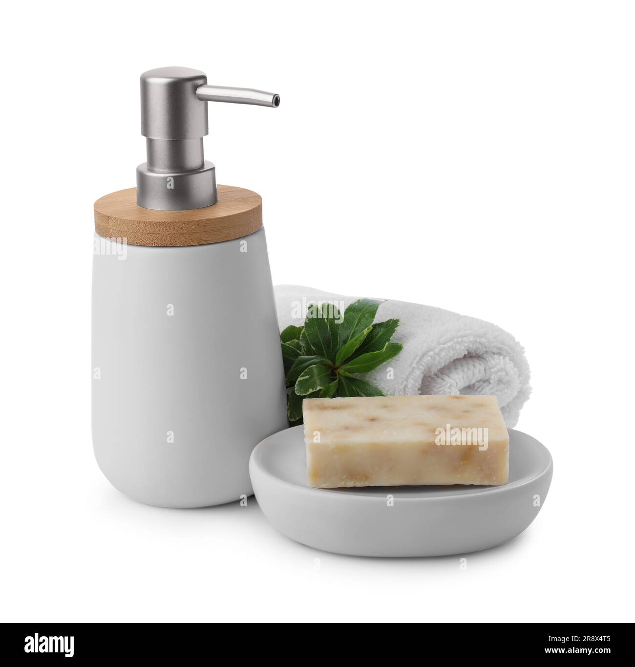 Soap bar, dispenser and terry towel on white background Stock Photo Alamy