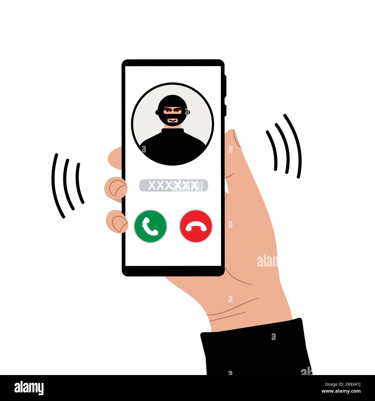 A call on the phone in the hand of a fraud person. A telephone fraudster deceives and steals money and cards through smartphone calls. Thief, hacker a Stock Vector