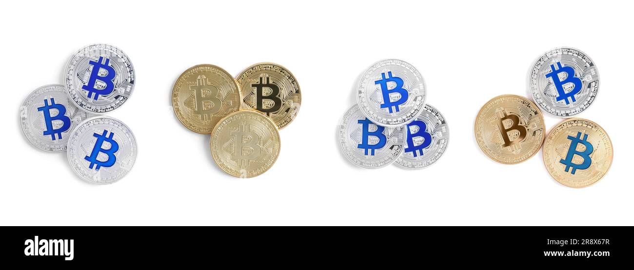 Collage with different bitcoins on white background, top view Stock Photo