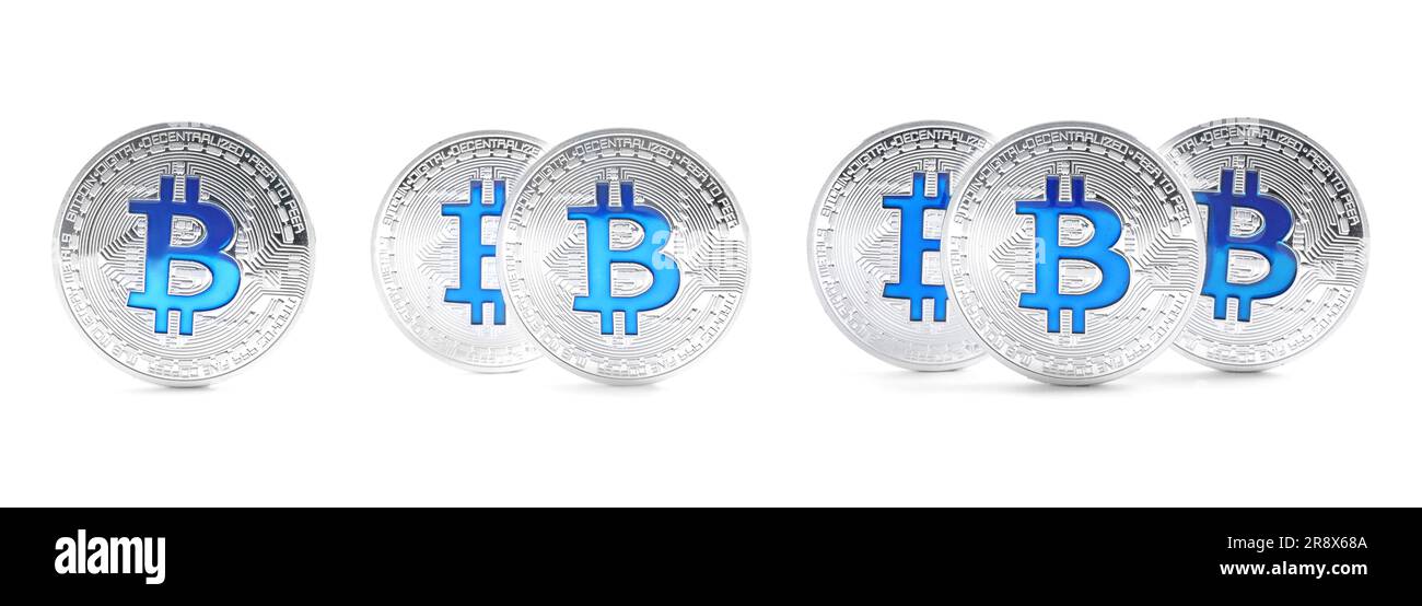 Collage with silver bitcoins on white background Stock Photo