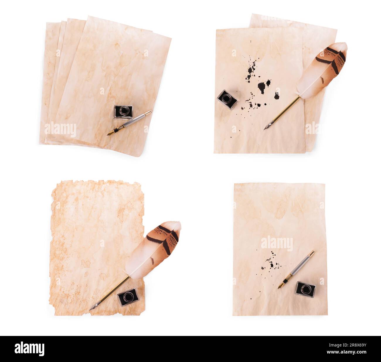 Many sheets of parchment, inkwell and different pens on white