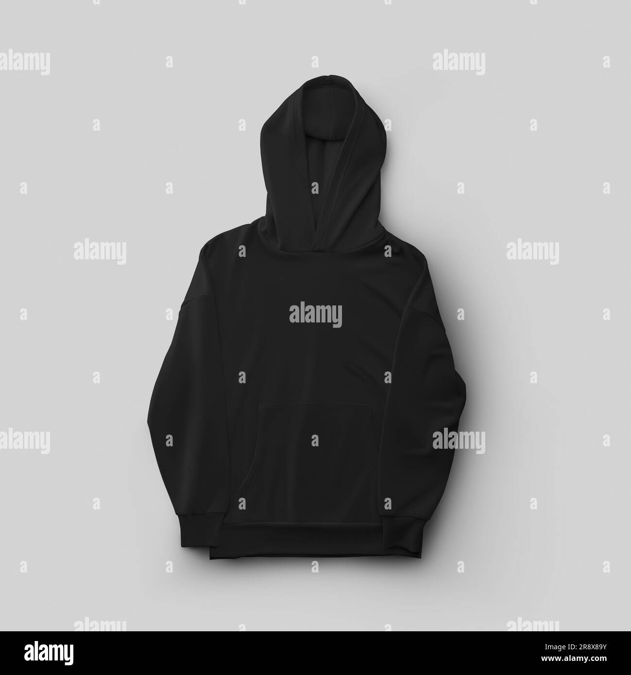 Mockup of black long hoodie with pocket, folded hood, streetwear presentation for design, pattern, print, front view. Fashionable apparel template iso Stock Photo
