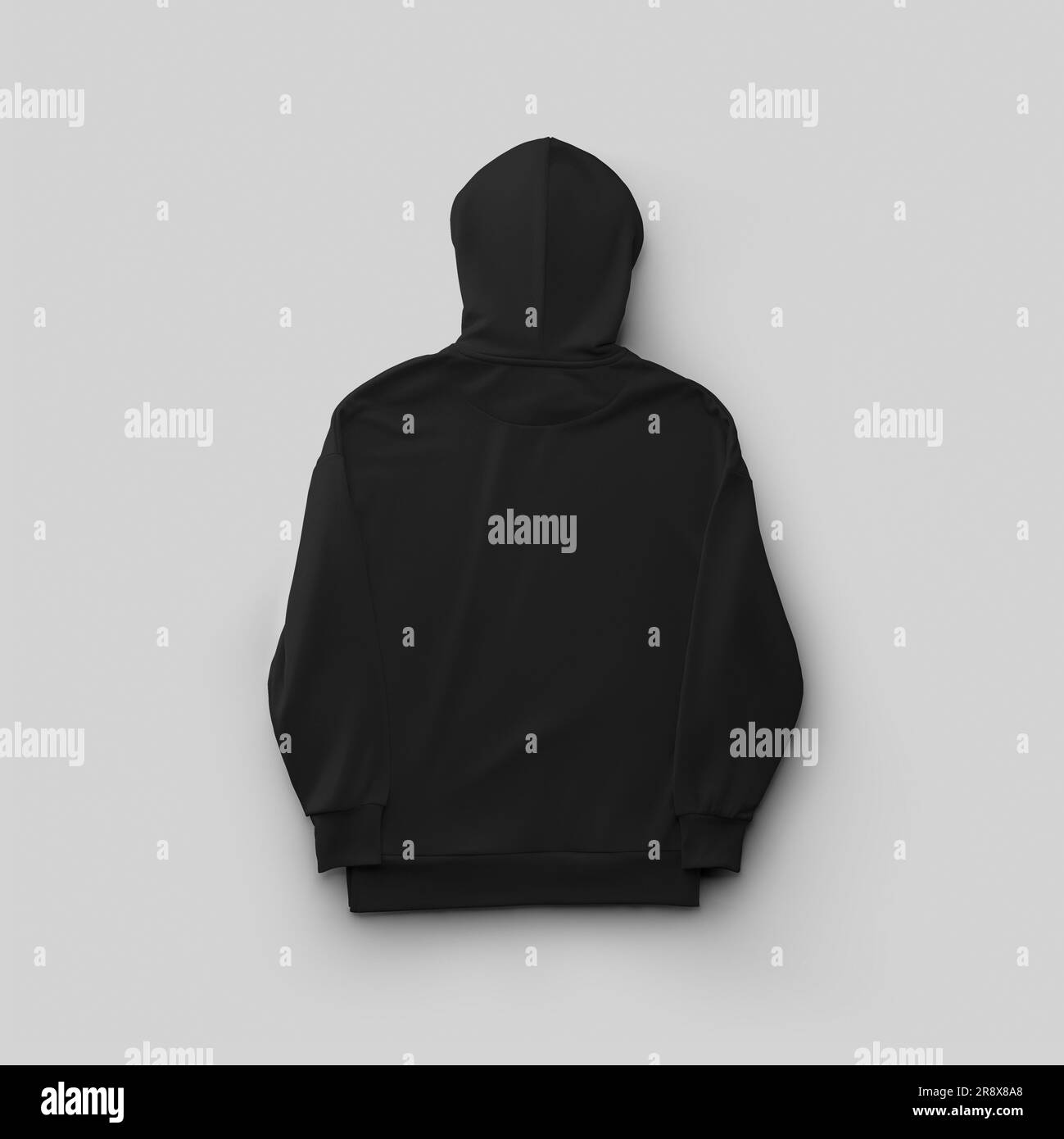 Template of a black long hoodie laid out for the presentation of design, pattern, print, back view. Mockup of stylish apparel, streetwear isolated on Stock Photo