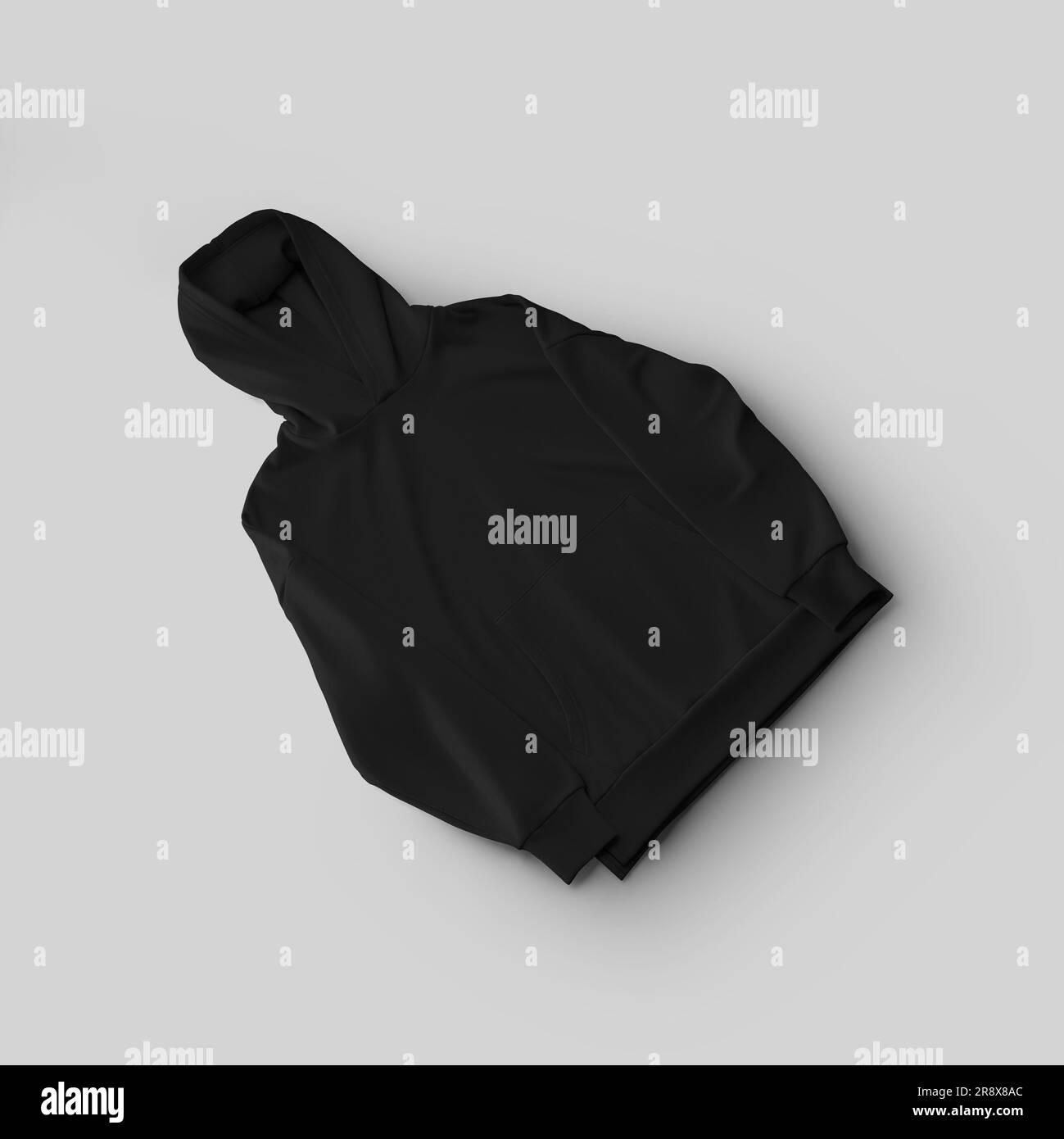 Mockup of black long hoodie with folded hood, clothing presentation diagonally for design, pattern, print, front view. Streetwear template with pocket Stock Photo
