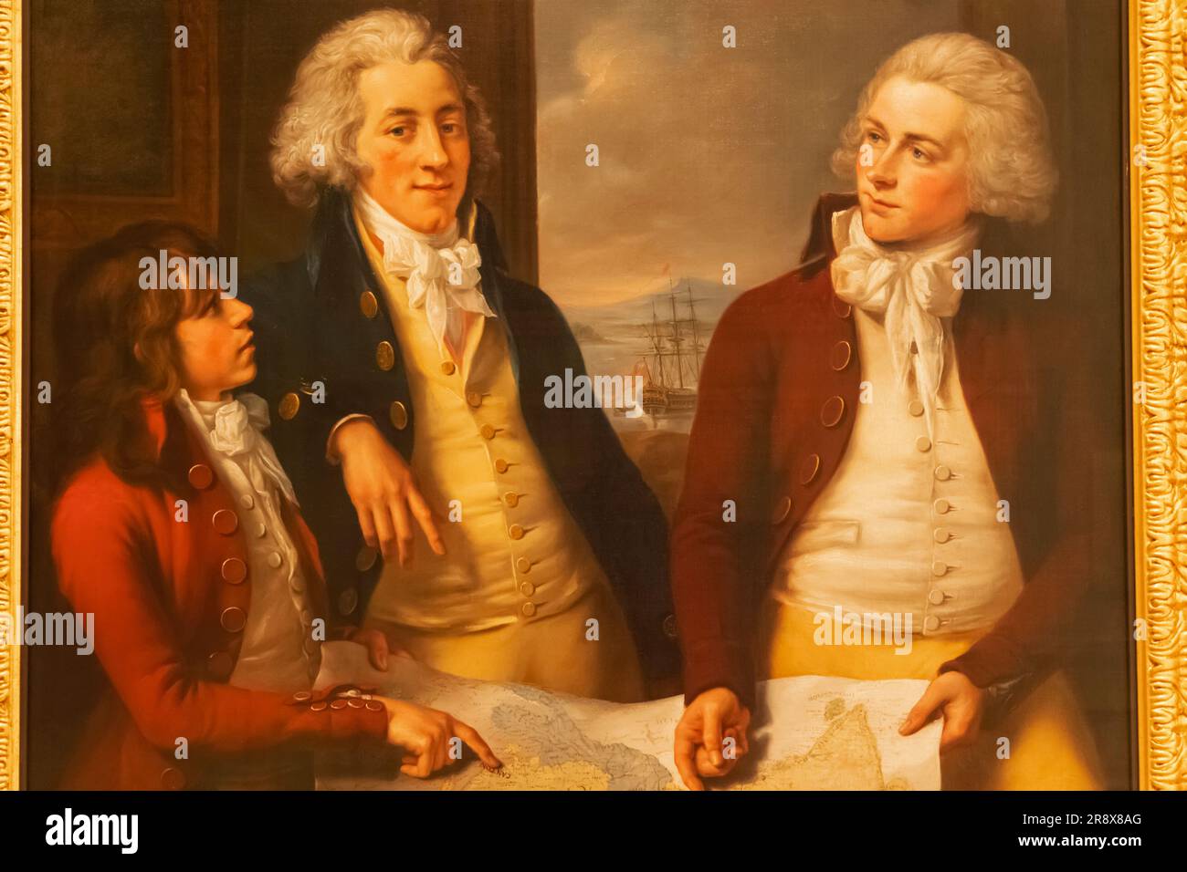 England, London, Greenwich, The Queen's House, Painting titled 'The Money Brothers: William Taylor, James and Robert', the Three Sons of William Money Stock Photo