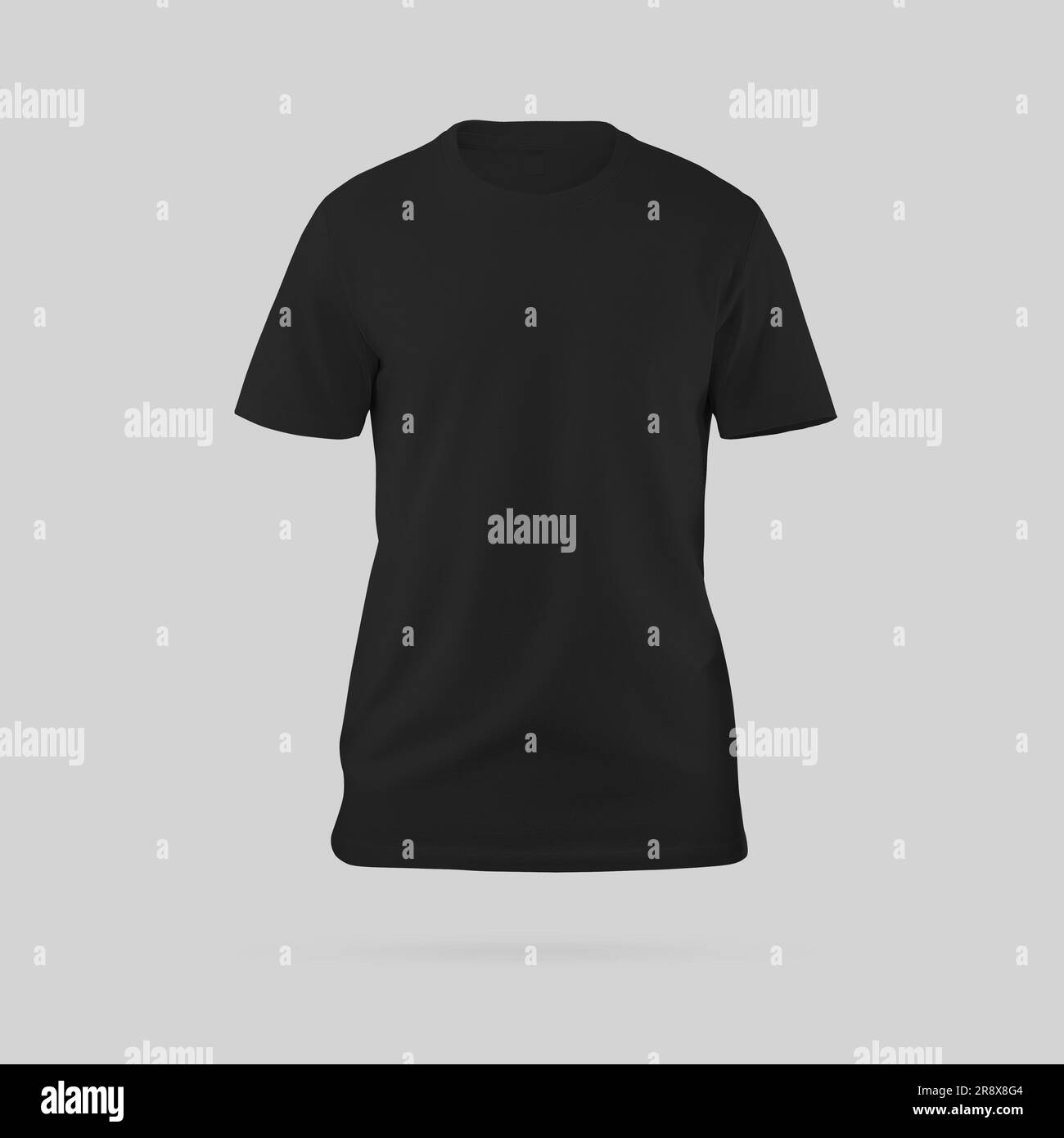 Male black t-shirt template with label, shirt 3D rendering, front view, for design, print, pattern. Mockup of stylish clothes for men isolated on back Stock Photo