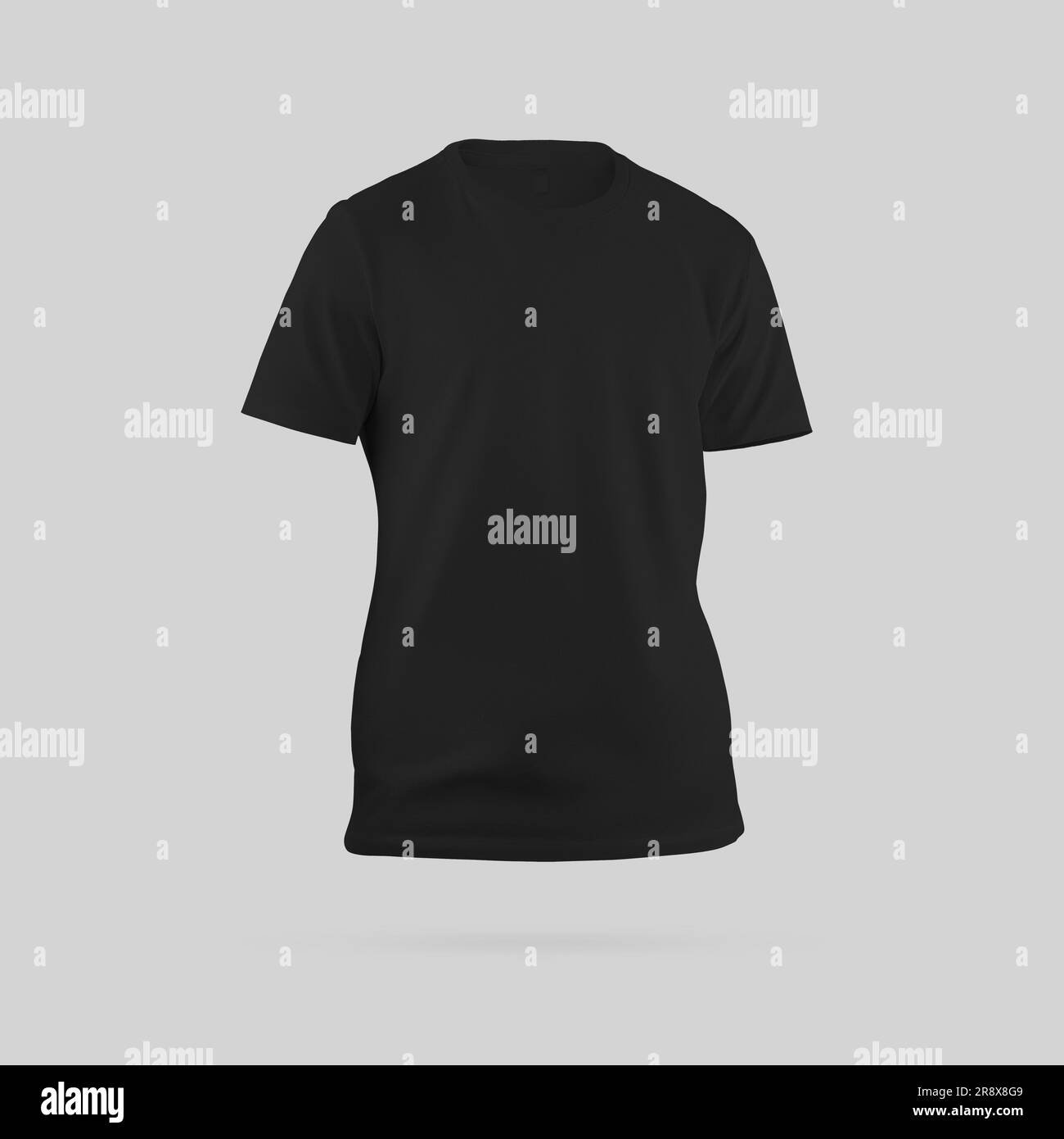 Men's black t-shirt template with label, round neckline, texture shirt 3D rendering, front view, isolated on background. Mockup of clothes for design. Stock Photo