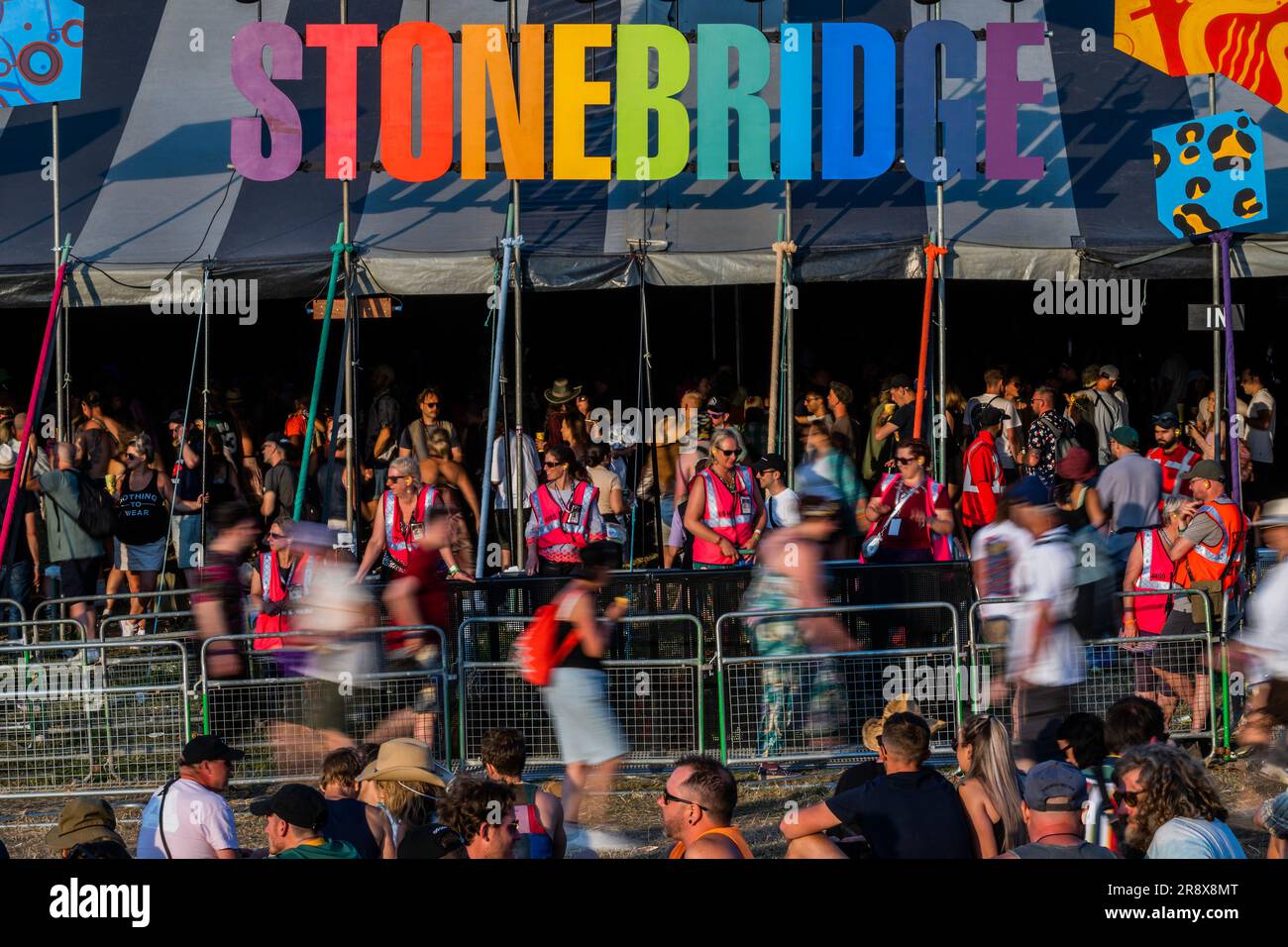 Glastonbury, UK. 22nd June, 2023. Stonebridge a bar and mmusic venue opposite the Park Stage