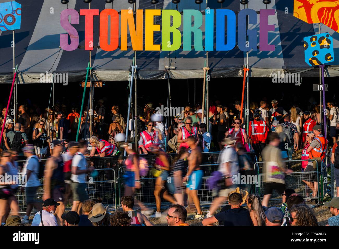Glastonbury, UK. 22nd June, 2023. Stonebridge a bar and mmusic venue opposite the Park Stage