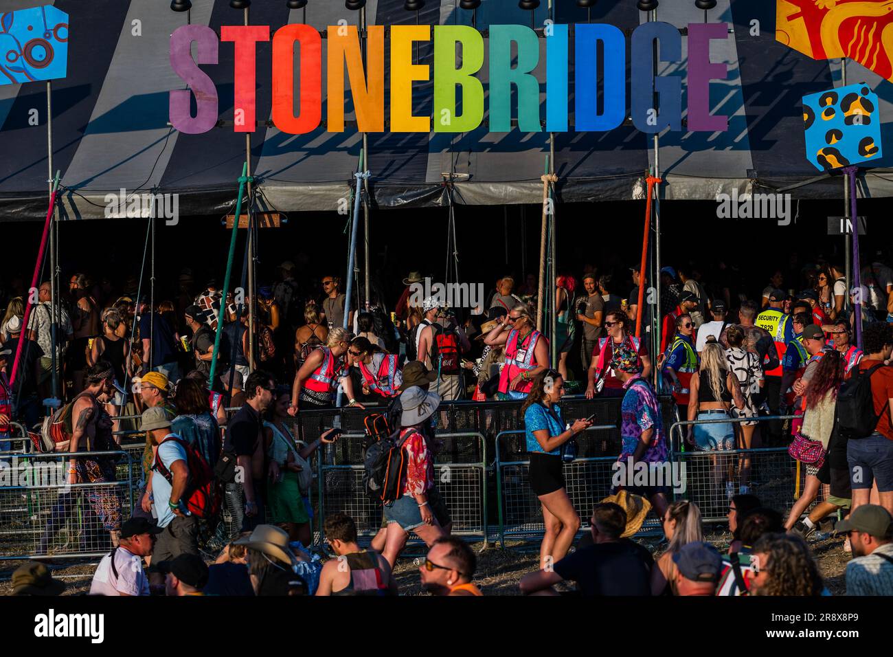 Glastonbury, UK. 22nd June, 2023. Stonebridge a bar and mmusic venue opposite the Park Stage