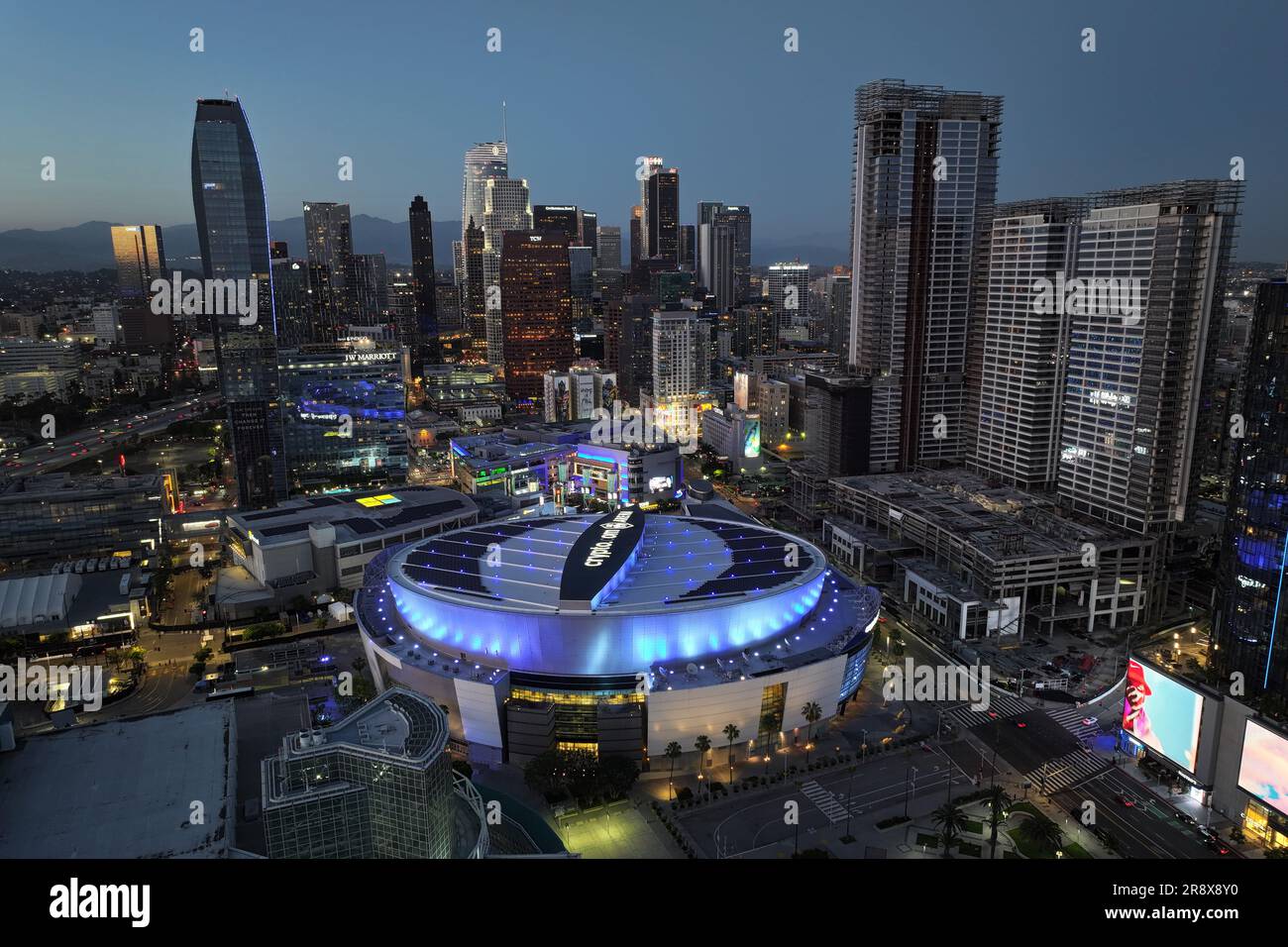 Los Angeles, United States. 20th June, 2023. A general overall aerial view  of the Crypto.com Arena and downtown skyline, Tuesday, June 20, 2023, in  Los Angeles. (Photo by Image of Sport/Sipa USA)