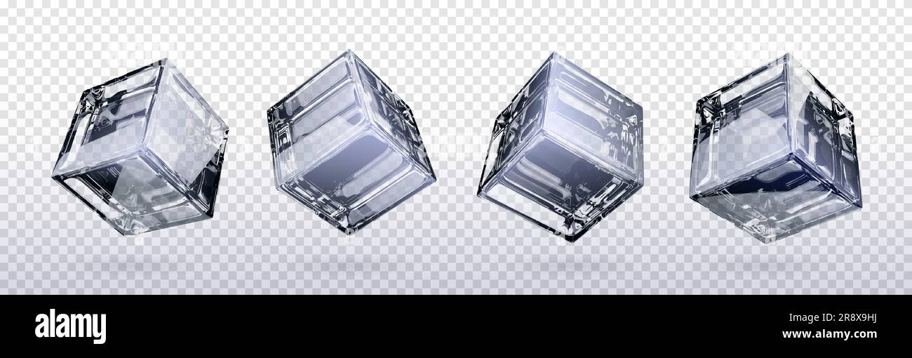 3d glass cube box vector isolated on transparent background. Crear black and white realistic geometric block with reflection. Glossy acrylic object design polygon set. Glassy futuristic art icon Stock Vector