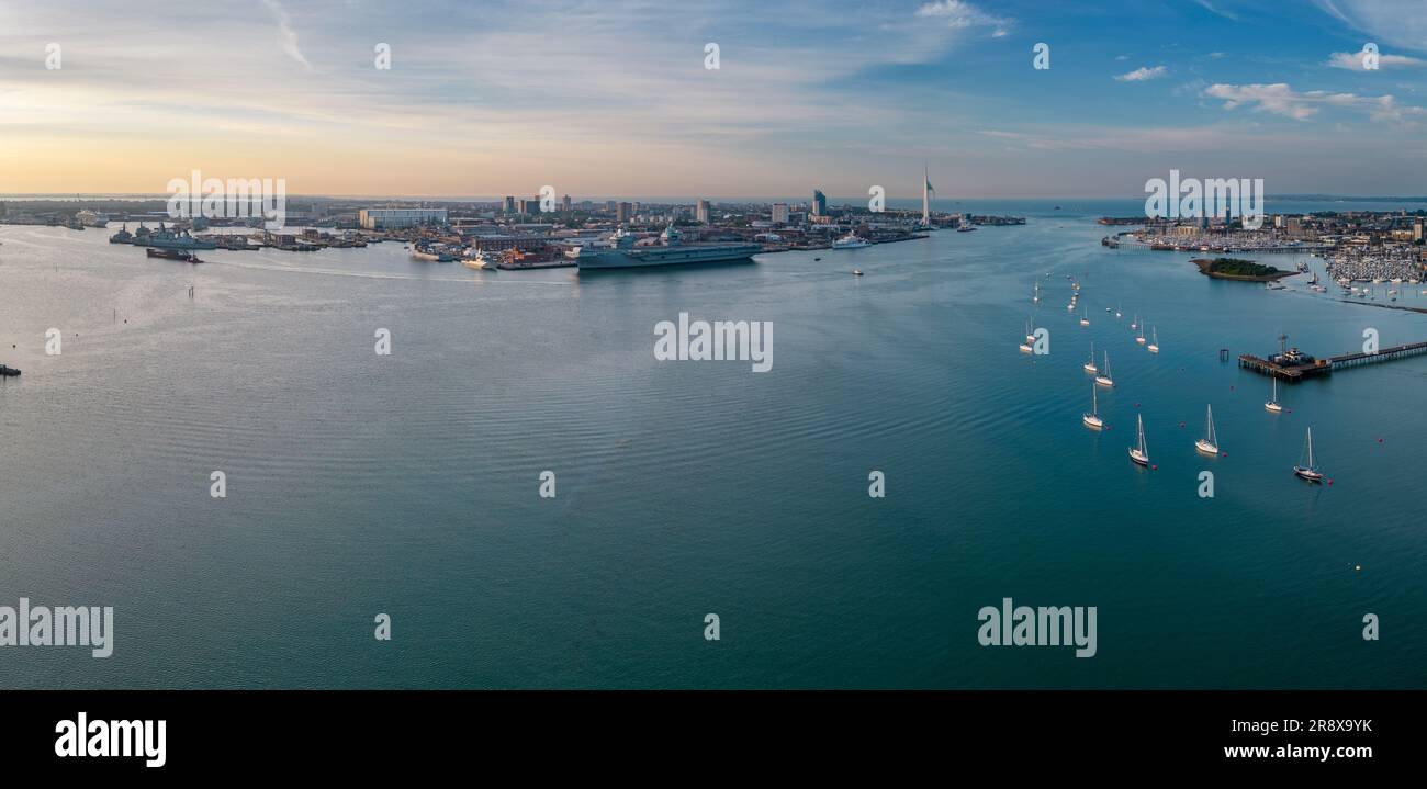 Aerial view of Portsmouth Harbour with HMS Queen Elizabeth Stock Photo