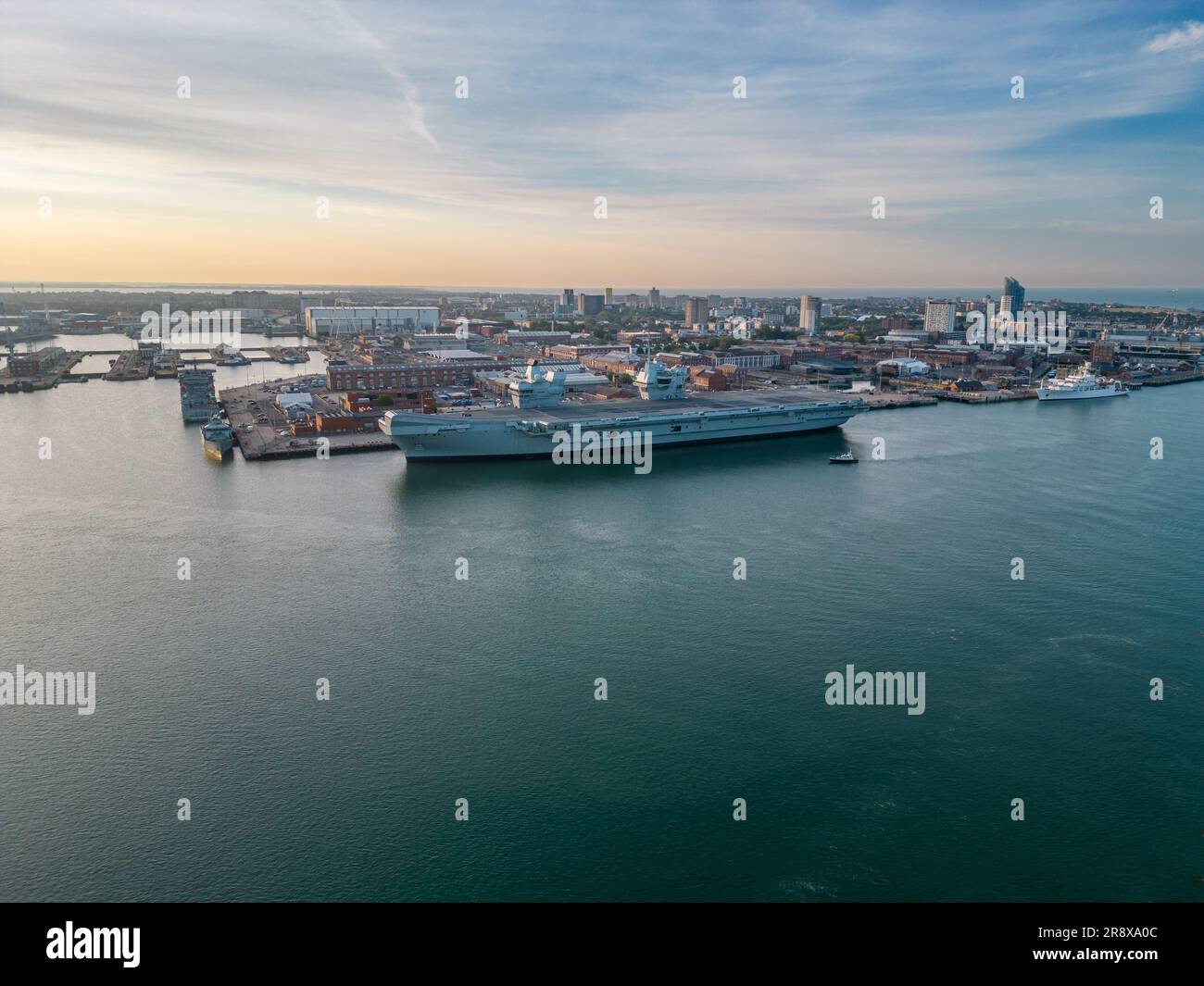 Aerial view of Portsmouth Harbour with HMS Queen Elizabeth Stock Photo