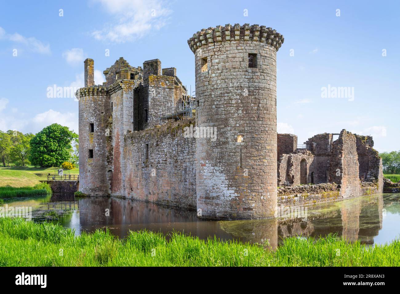 Caerlaverock Castle a triangular scottish castle with a moat in Dumfries and Galloway Scotland UK GB Europe Stock Photo
