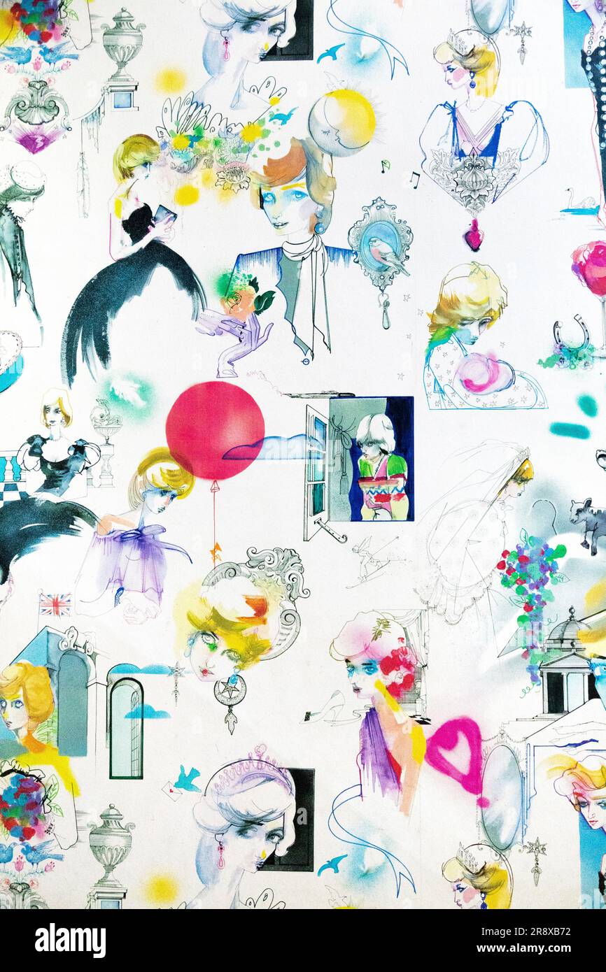 Wallpaper featuring Princess Diana by illustrator Julie Verhoeven, printed by Cole & Son, at Kensington Palace, London, England, UK Stock Photo