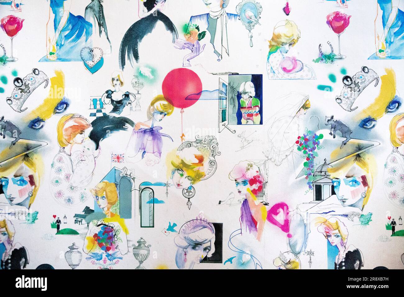 Wallpaper featuring Princess Diana by illustrator Julie Verhoeven, printed by Cole & Son, at Kensington Palace, London, England, UK Stock Photo