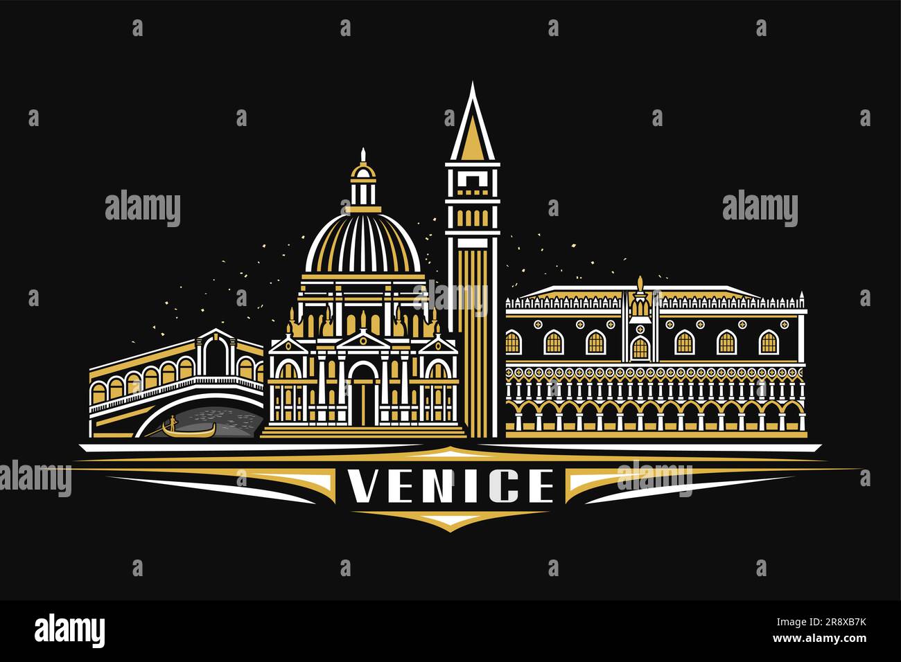 Vector illustration of Venice, black horizontal card with linear design famous venice city scape on dusk sky background, historical urban line art con Stock Vector