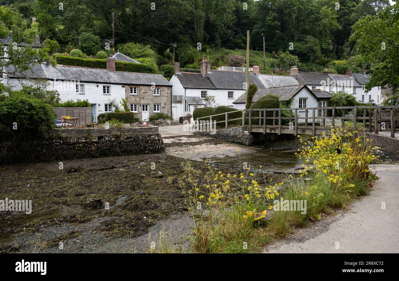 View of the fishing  village of Helford in Cornwall, England and the Helford Passage. Stock Photo