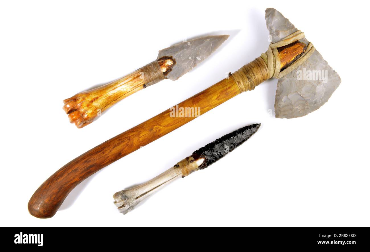 Stone Age Tools On White Background Stone Age Axe Knives And Arrows 2R8XE8D 