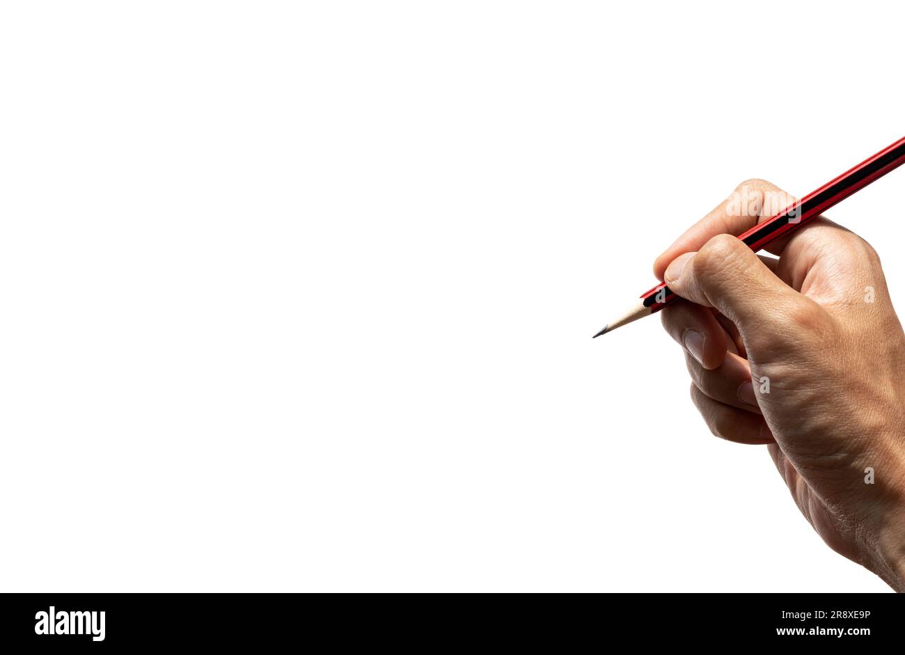Right hand holding a pencil on isolated white, after some edits. Stock Photo