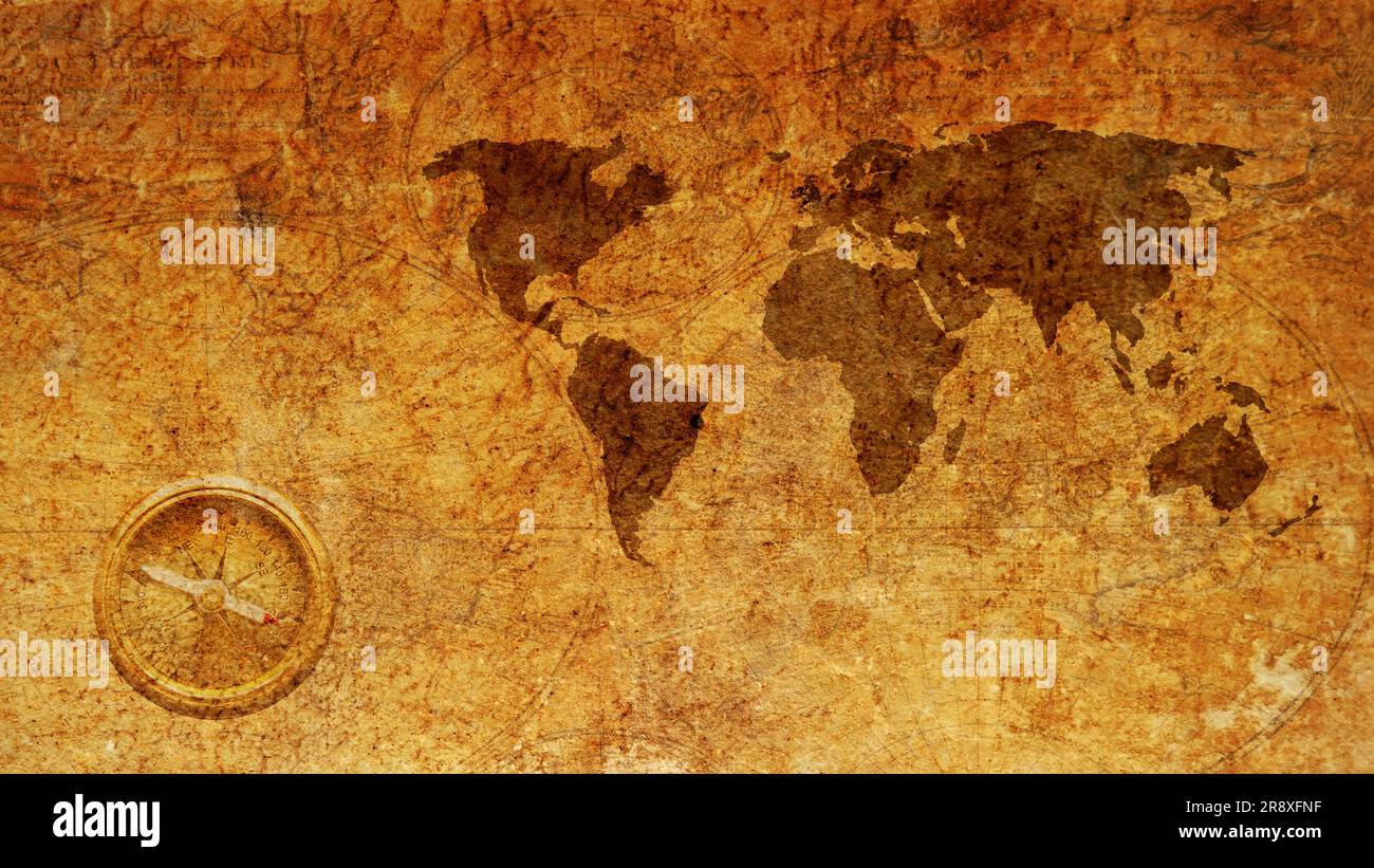 grunge backdrop with map of Earth and compass Stock Photo