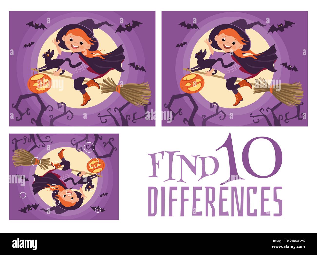 Find 10 differences. Fascinating witch on broomstick. Educational game