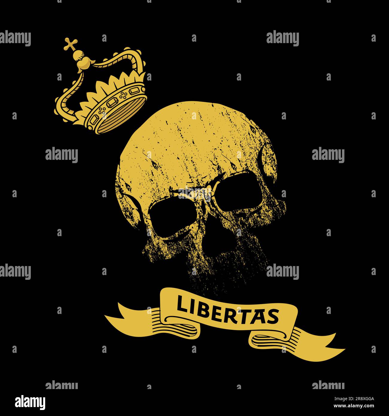 Libertas. Design for t-shirt of a golden skull with a crown and a text on a banderole isolated on black. Stock Vector
