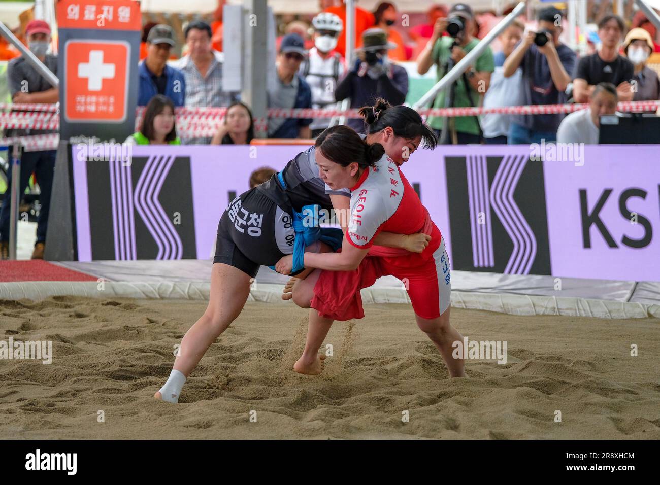 Gangneung, South Korea - June 20, 2023: Ssireum or Korean wrestling at the Gangneung Danoje Festival in South Korea. Stock Photo