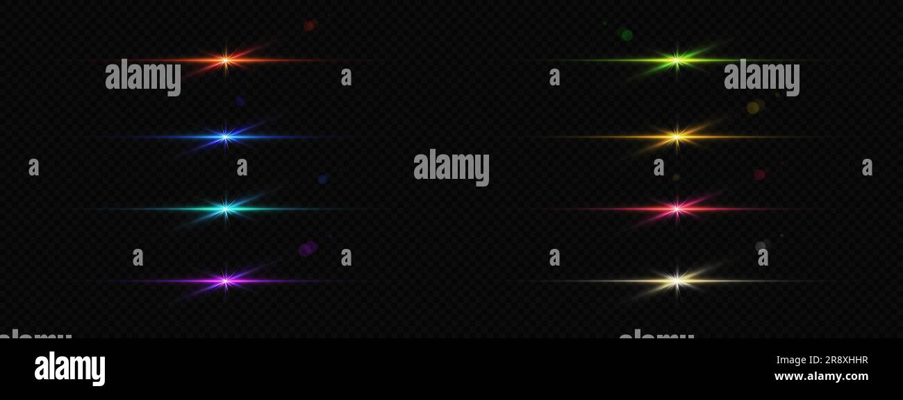 Flare light line and sparkle glow vector gleam set. Gold, red, pink and