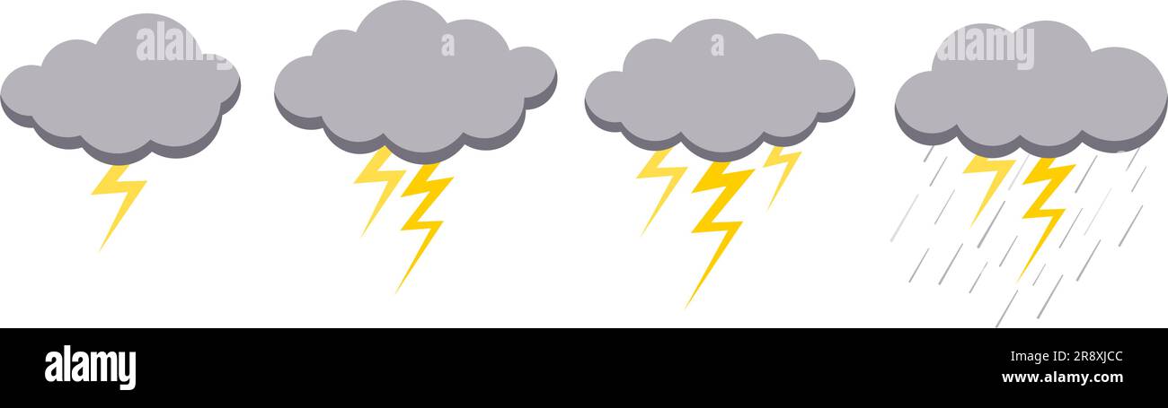 Clouds rain thunderstorm bad weather icon set isolated on white background. Illustration of rain, shower, lightning thunder and thunderstorm stage. Ra Stock Vector