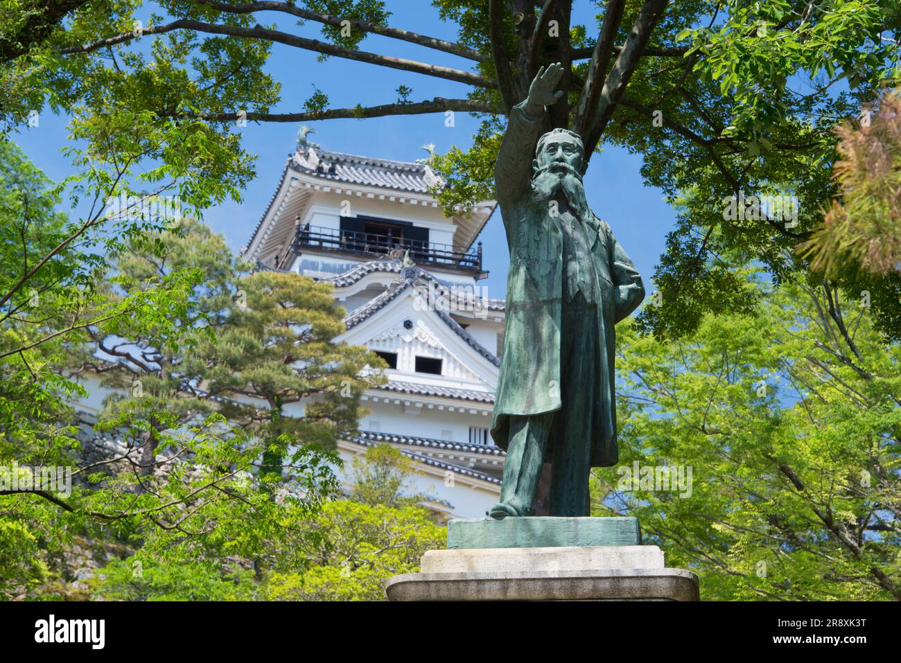 Kochi Castle and Statue of Taisuke Itagaki Stock Photo