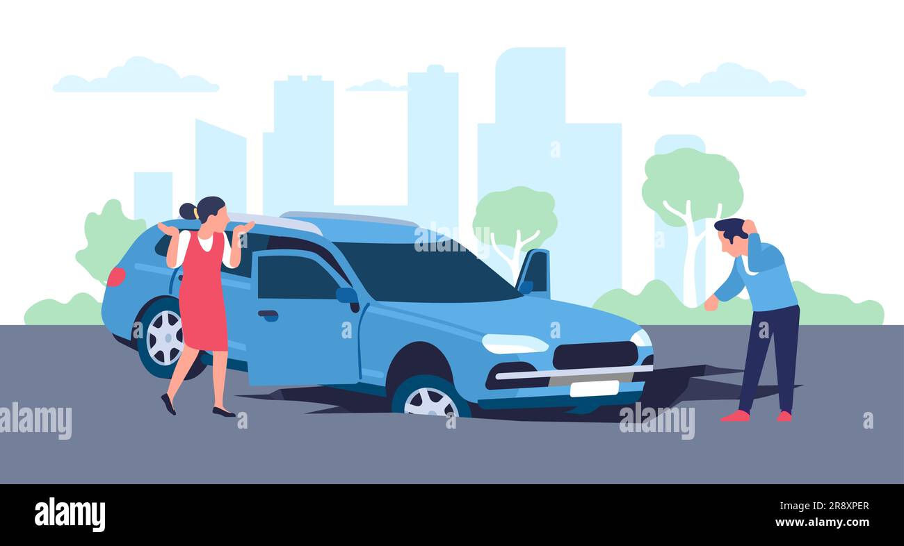 Car fell into road hole. Traffic accident. Vehicle crush. Angry driver