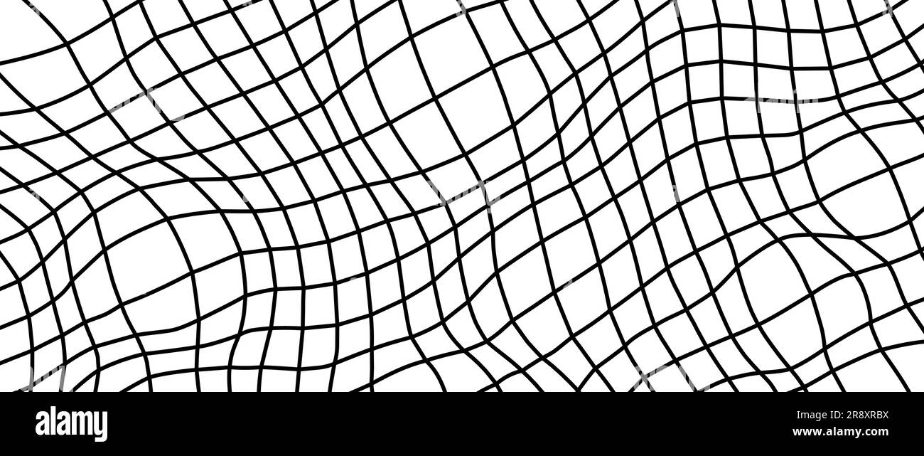 Distorted outline wireframe background. Abstract wavy checkerboard wallpaper. Warped curved grid surface pattern. Black and white geometric texture with optical illusion effect. Vector illustration Stock Vector