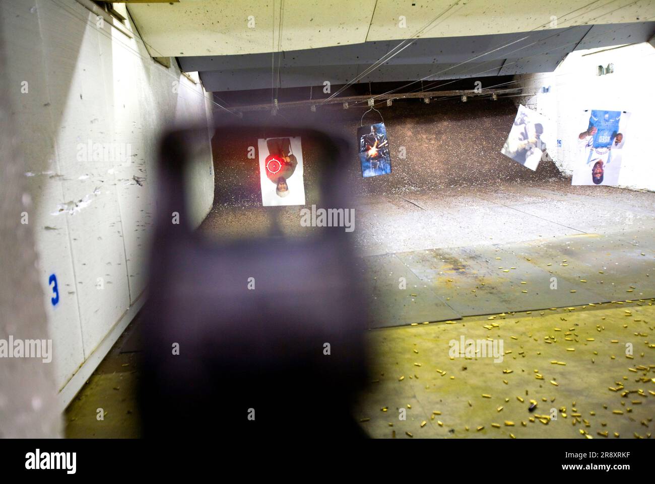Looking down the barrel of a gun at an Osama Bin Laden target, Las Vegas, Nevada. Stock Photo