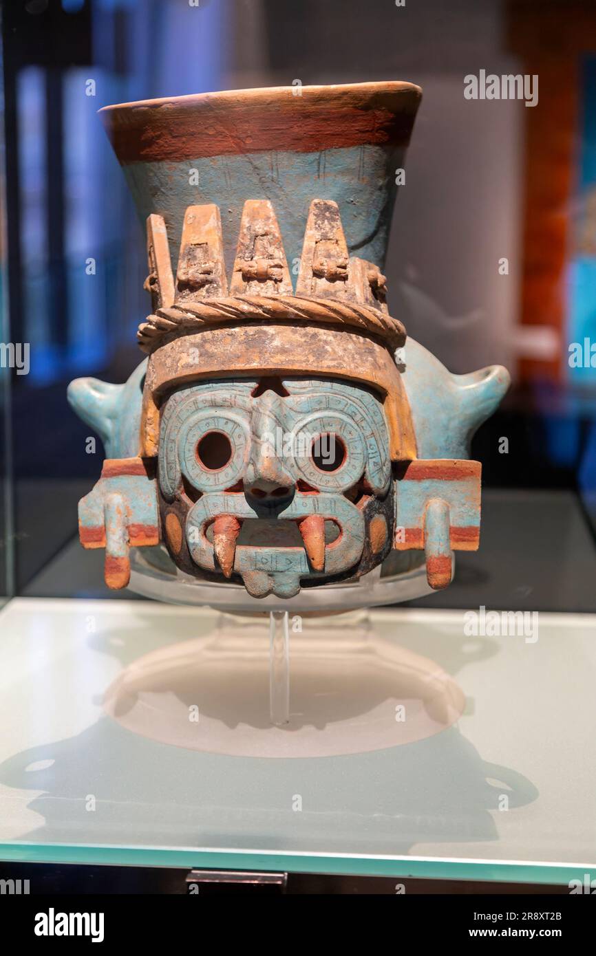 Ceramic pot depicting Tlaloc, Aztec God of water, archaeological