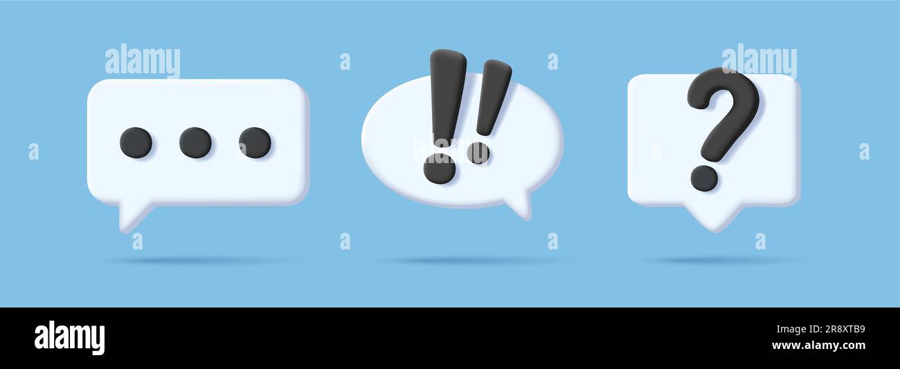 Speech, communication, dialogue bubbles - 3d render rounded icon set. White shapes with text symbols Stock Vector