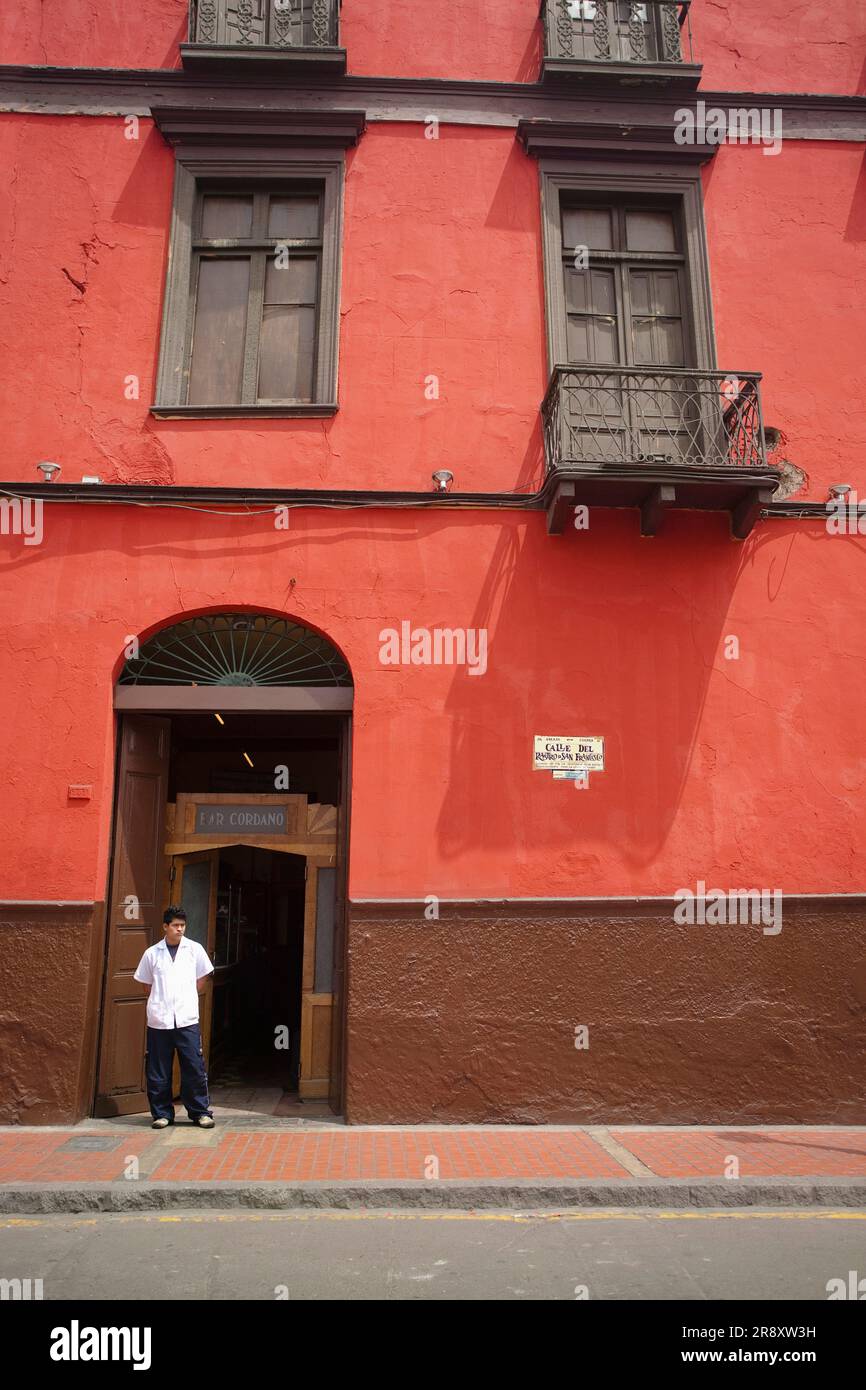 A red building in Lima's downtown. Lima, Peru. Stock Photo