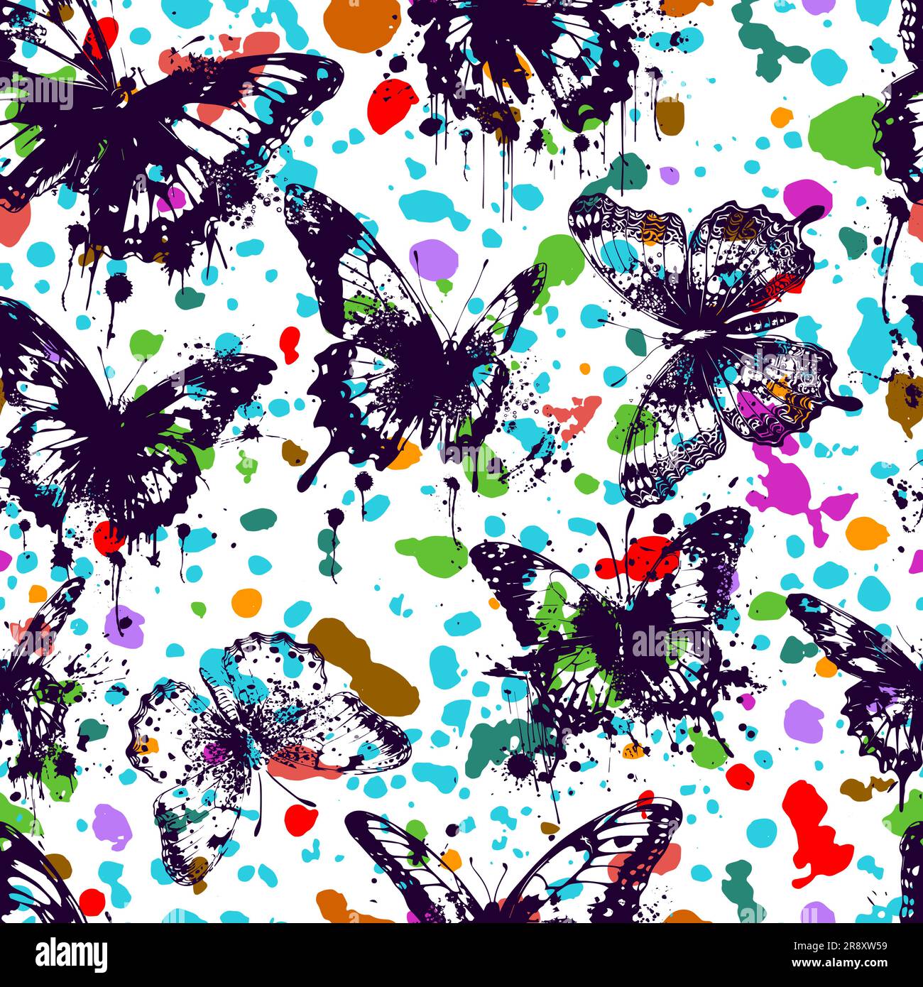 Biutterfly Pattern Vector Seamless pattern of black butterflies and colored dots on a white ...