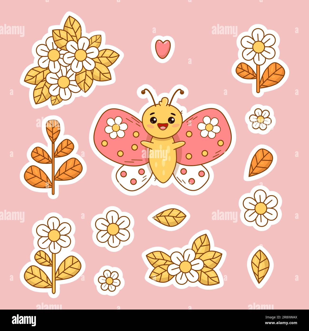 Collection stickers cute cartoon butterfly, flowers, daisies and