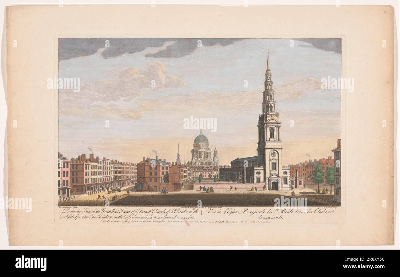 A perspective view of the north west front of ye parish church of St. Brides', London, 1753. Stock Photo