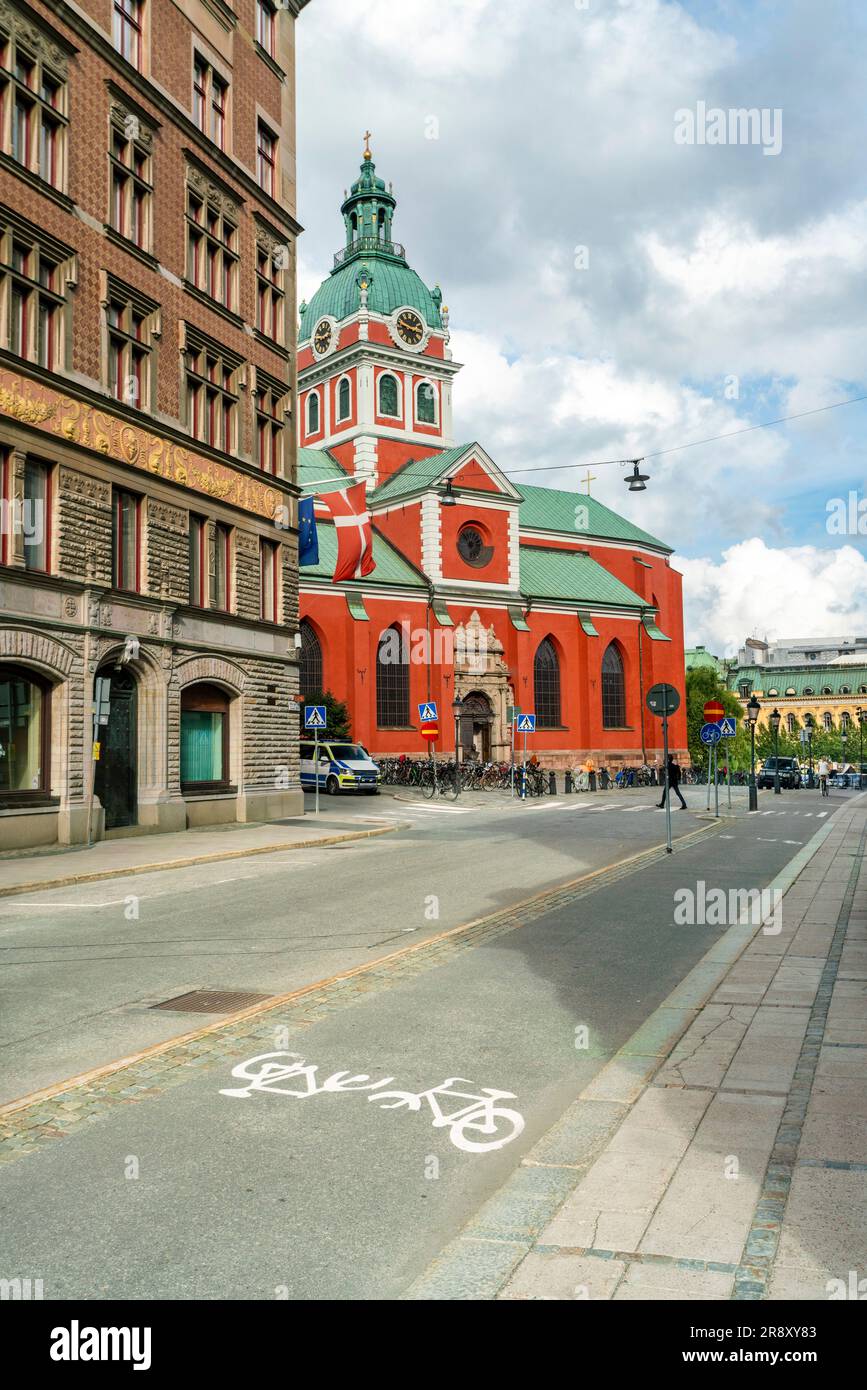 St. Jacobs Kyrka  red church in Stockholm, Sweden Stock Photo