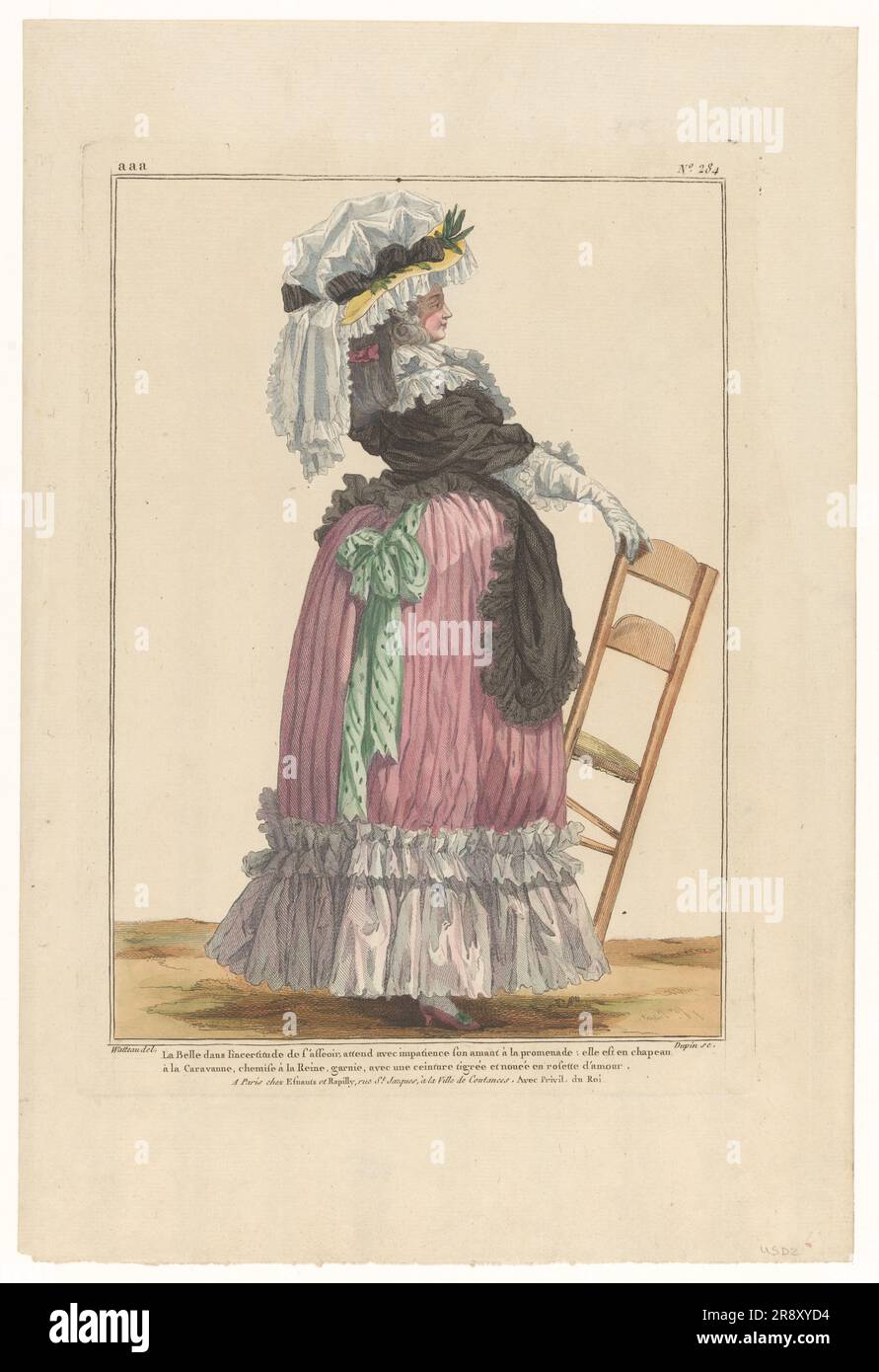 Gallery of French Fashions and Costumes, 1785, aaa. 284: Beauty in  uncertainty (...), 1785. 'La Belle dans l'incertitude de l'asseior, attend  avec impatience son amant &#xe0; la promenade: elle est en chapeau