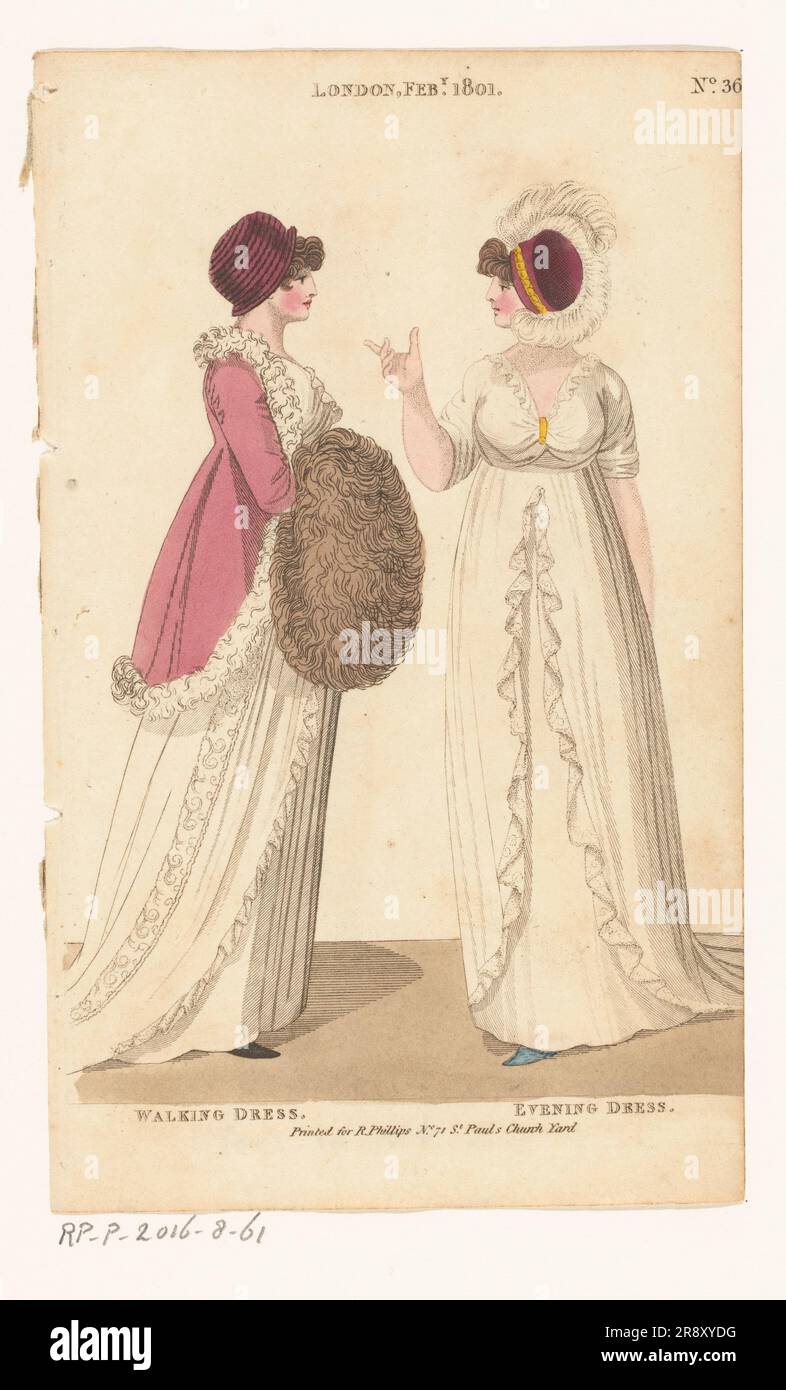 Magazine of Female Fashions of London and Paris. No. 36. London Feb., 1801:  Walking Dress; Evening Dress, 1801 Stock Photo - Alamy