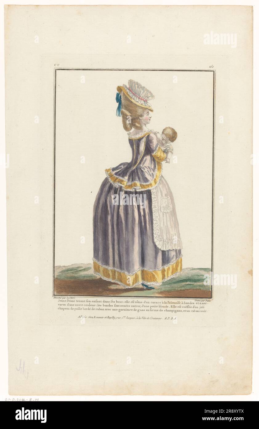 Gallery of French Fashions and Costumes, 1779, cc 160: Young lady holding her (...), 1782. 'Jeune Dame tenant son enfant dans ses bras; elle est v&#xea;tu d'un caraco &#xe0; la Polonaise &#xe0; bandes et &#xe0; nervures d'une autre couleur; les bandes sont orn&#xe9;es autour, d'une petite blonde. Elle est co&#xeb;ff&#xe9;e d'un joli chapeau de paille bord&#xe9; de ruban avec une garniture de gaze en forme de champignon, et un ruban roul&#xe9;'. (Young woman holding her child in her arms, she is wearing a striped Polish camisole, with piping in a contrasting colour...she wears a pretty straw ha Stock Photo